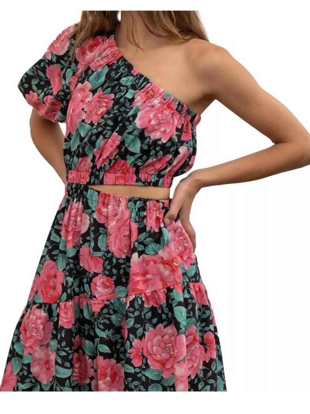 Moon River Maxi Dress Red/pink Floral. One shoulder w side cutout.